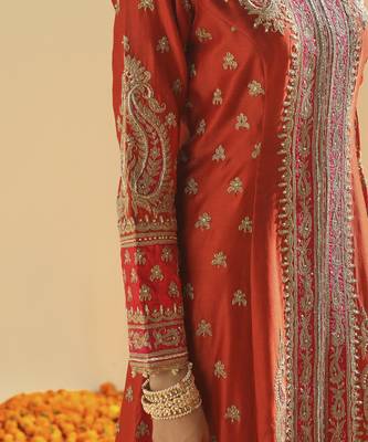 Amayah burnt orange long a-line jacket with pant and dupatta 5