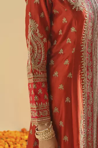 Amayah burnt orange long a-line jacket with pant and dupatta