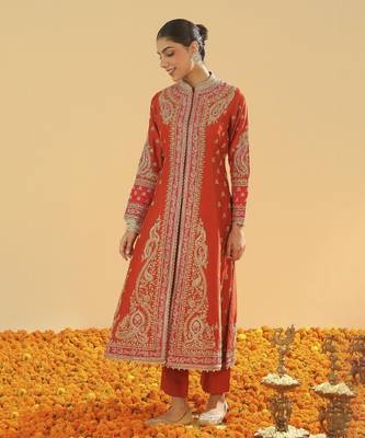 Amayah burnt orange long a-line jacket with pant and dupatta 1