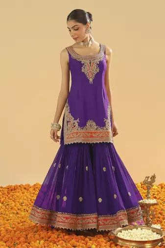 Maziyah purple short kurta with gharara and dupatta