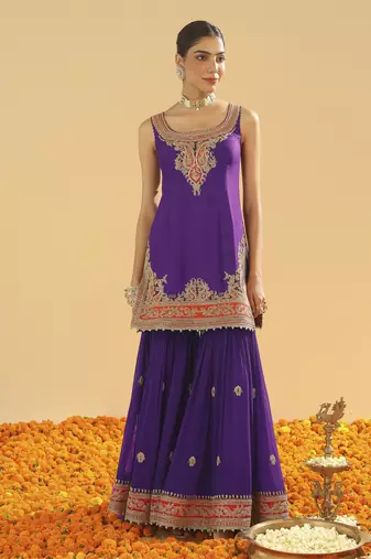 Maziyah purple short kurta with gharara and dupatta