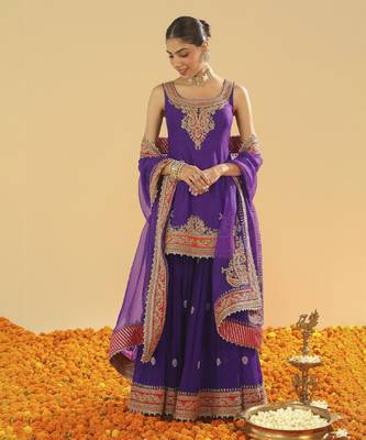Maziyah purple short kurta with gharara and dupatta 1