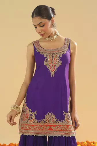 Maziyah purple short kurta with gharara and dupatta