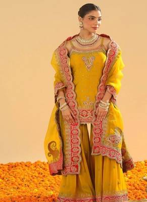 Mehan mustard short kurta with gharara and dupatta 1