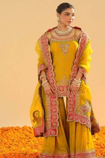 Mehan mustard short kurta with gharara and dupatta