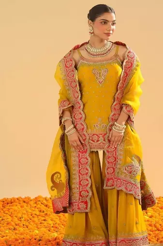 Mehan mustard short kurta with gharara and dupatta