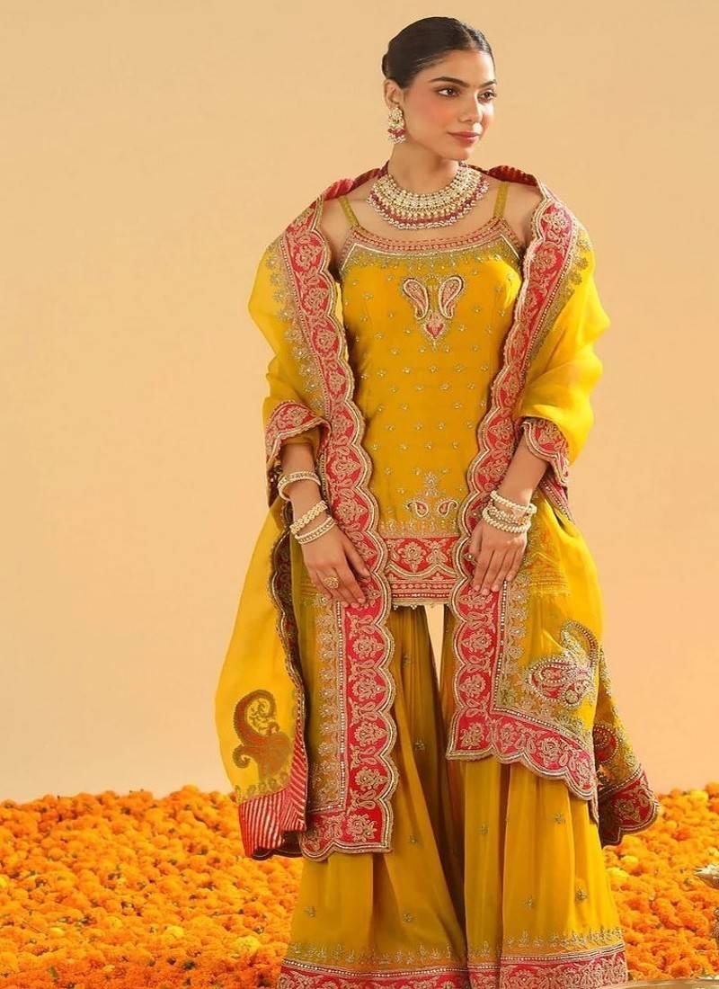 Mehan mustard short kurta with gharara and dupatta