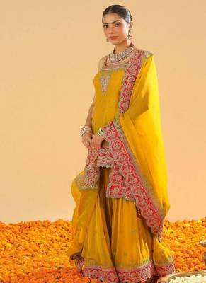 Mehan mustard short kurta with gharara and dupatta 2