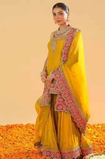 Mehan mustard short kurta with gharara and dupatta