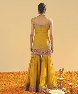 Mehan mustard short kurta with gharara and dupatta 3