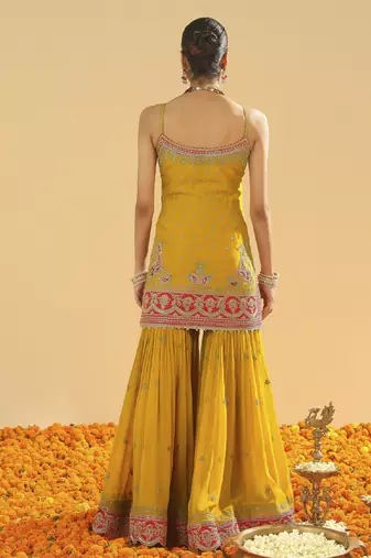Mehan mustard short kurta with gharara and dupatta