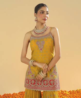 Mehan mustard short kurta with gharara and dupatta 4