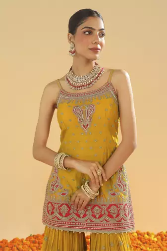 Mehan mustard short kurta with gharara and dupatta