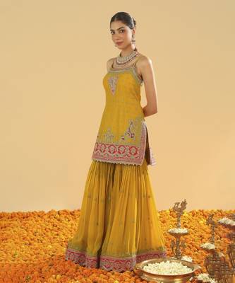 Mehan mustard short kurta with gharara and dupatta 5