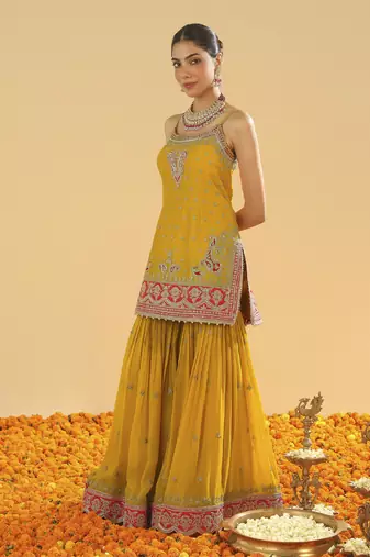 Mehan mustard short kurta with gharara and dupatta