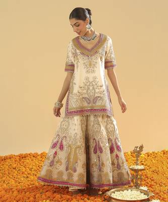 Sadiya daisy ivory short kurta with sharara and dupatta 1