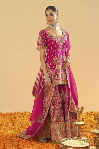 Ishwa hotpink short kurta with sharara and dupatta