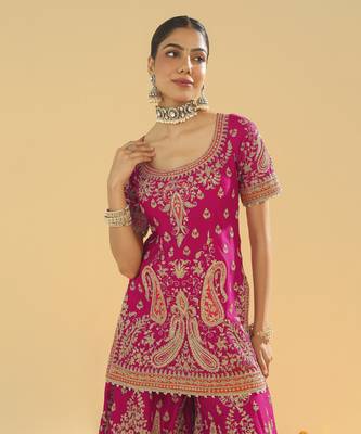 Ishwa hotpink short kurta with sharara and dupatta 5