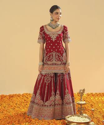 Sehrish deep red short kurta with sharara and dupatta 1