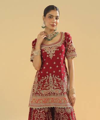 Sehrish deep red short kurta with sharara and dupatta 3