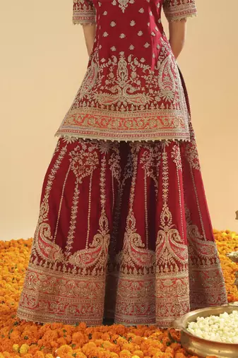 Sehrish deep red short kurta with sharara and dupatta