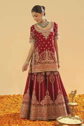 Sehrish deep red short kurta with sharara and dupatta