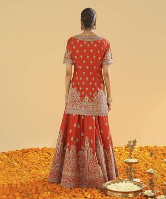 Shazfa burnt orange short kurta with sharara and dupatta 3