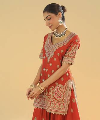 Shazfa burnt orange short kurta with sharara and dupatta 4