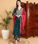 green silk blend solid yoke design a-line kurta trousers with dupatta