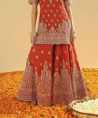 Shazfa burnt orange short kurta with sharara and dupatta 5