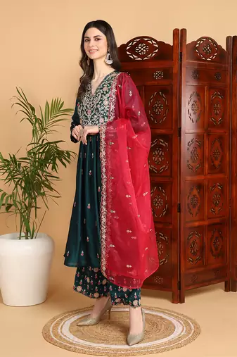 green silk blend solid yoke design a-line kurta trousers with dupatta