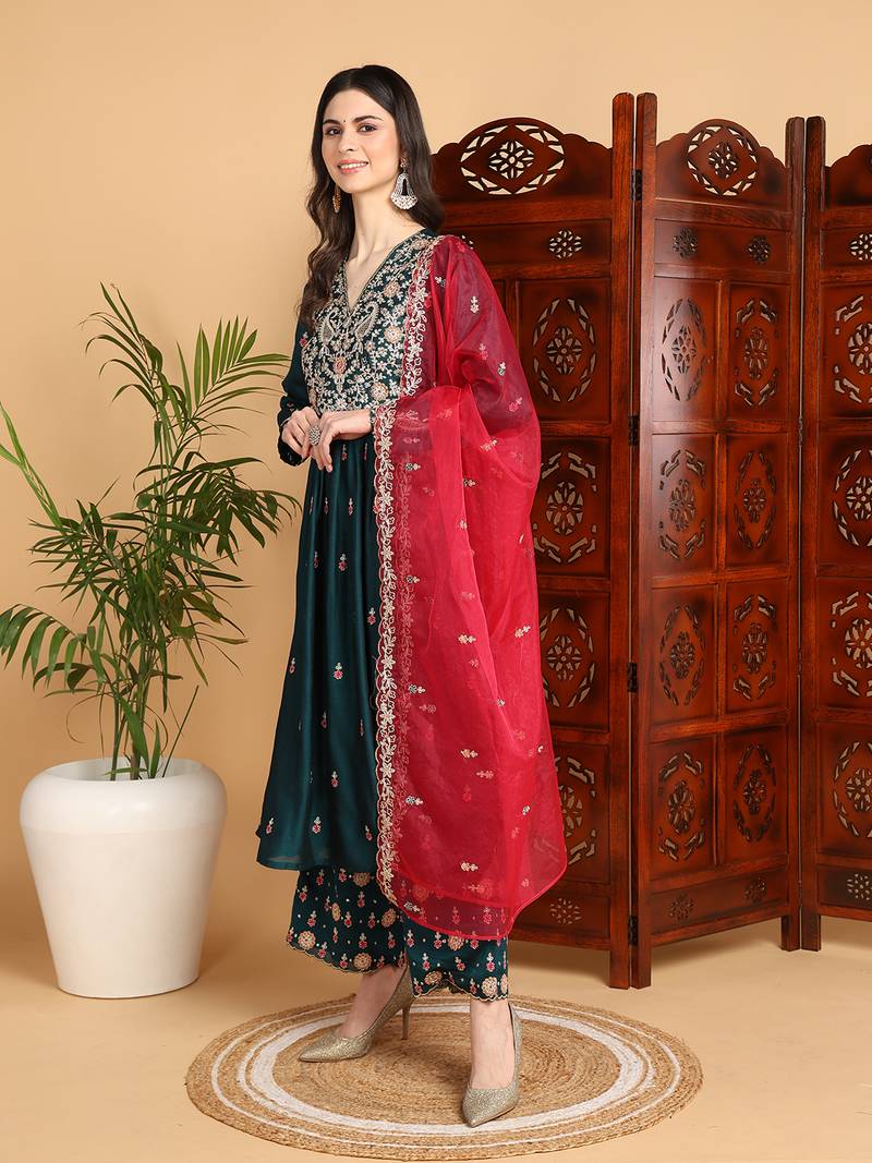 green silk blend solid yoke design a-line kurta trousers with dupatta