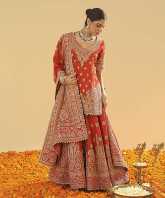Shazfa burnt orange short kurta with sharara and dupatta 1