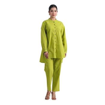 Lime green full sleeves mandarin collar cotton ethnic co-ord set with pant 1