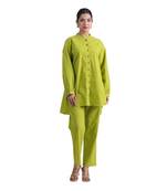 Lime green full sleeves mandarin collar cotton ethnic co-ord set with pant