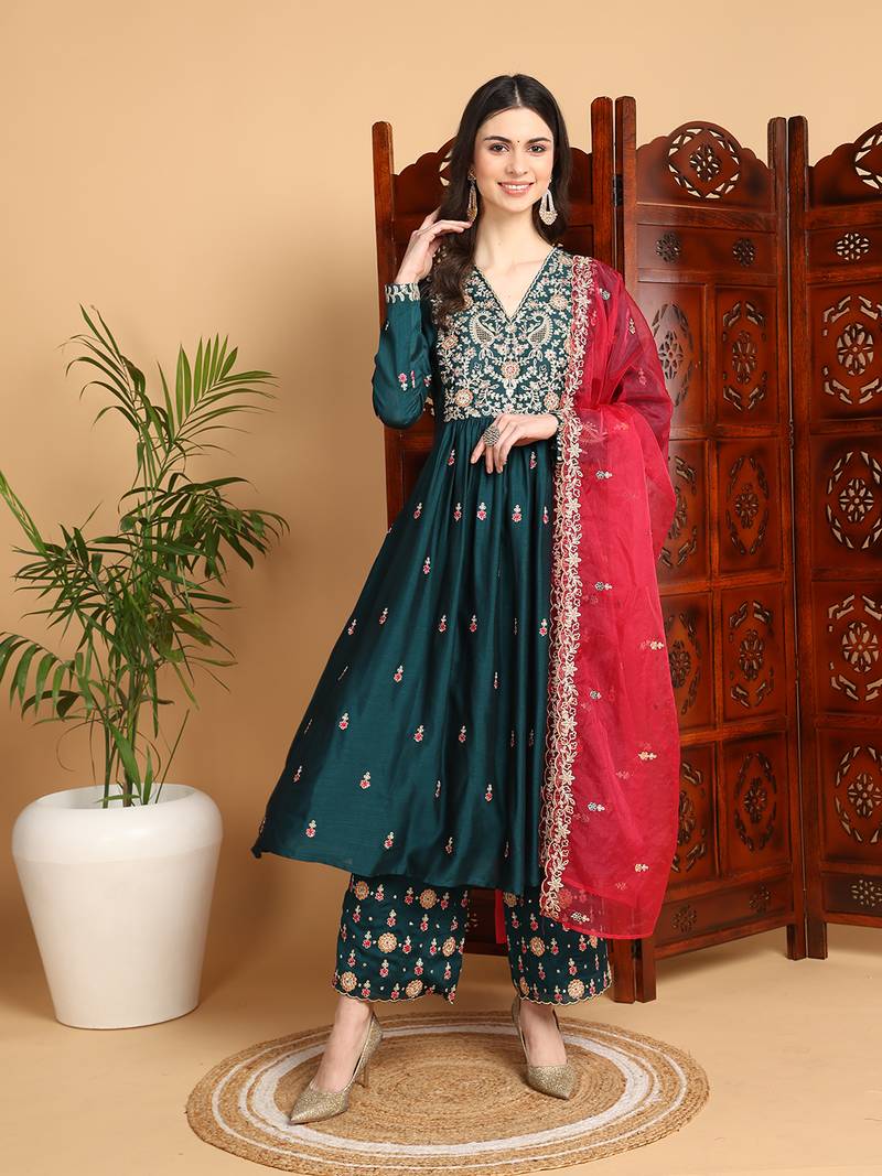 green silk blend solid yoke design a-line kurta trousers with dupatta