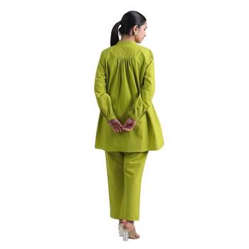 Lime green full sleeves mandarin collar cotton ethnic co-ord set with pant 2