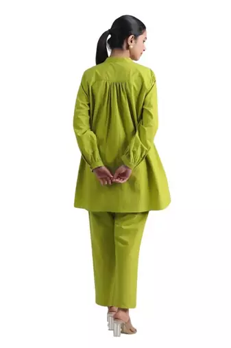 Lime green full sleeves mandarin collar cotton ethnic co-ord set with pant