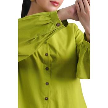 Lime green full sleeves mandarin collar cotton ethnic co-ord set with pant 3