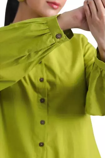 Lime green full sleeves mandarin collar cotton ethnic co-ord set with pant