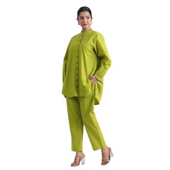 Lime green full sleeves mandarin collar cotton ethnic co-ord set with pant 4
