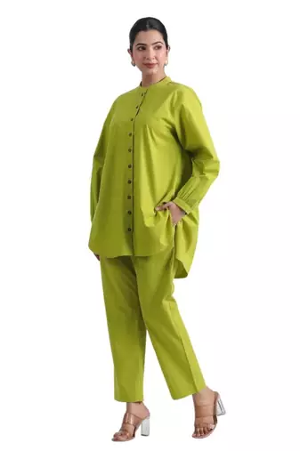 Lime green full sleeves mandarin collar cotton ethnic co-ord set with pant