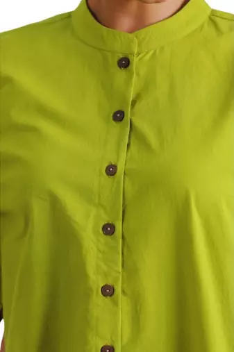Lime green full sleeves mandarin collar cotton ethnic co-ord set with pant