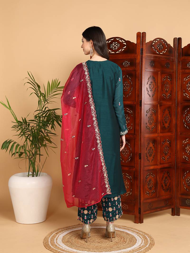 green silk blend solid yoke design a-line kurta trousers with dupatta
