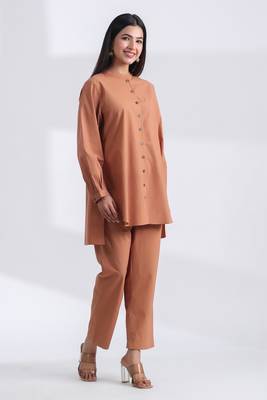 Brown full sleeves mandarin collar cotton ethnic co-ord set with pant 1