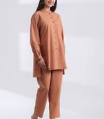 Brown full sleeves mandarin collar cotton ethnic co-ord set with pant