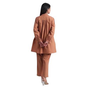 Brown full sleeves mandarin collar cotton ethnic co-ord set with pant 2