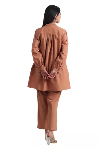 Brown full sleeves mandarin collar cotton ethnic co-ord set with pant