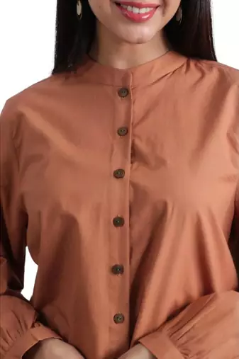 Brown full sleeves mandarin collar cotton ethnic co-ord set with pant