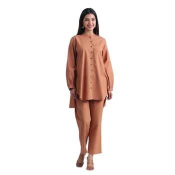 Brown full sleeves mandarin collar cotton ethnic co-ord set with pant 5